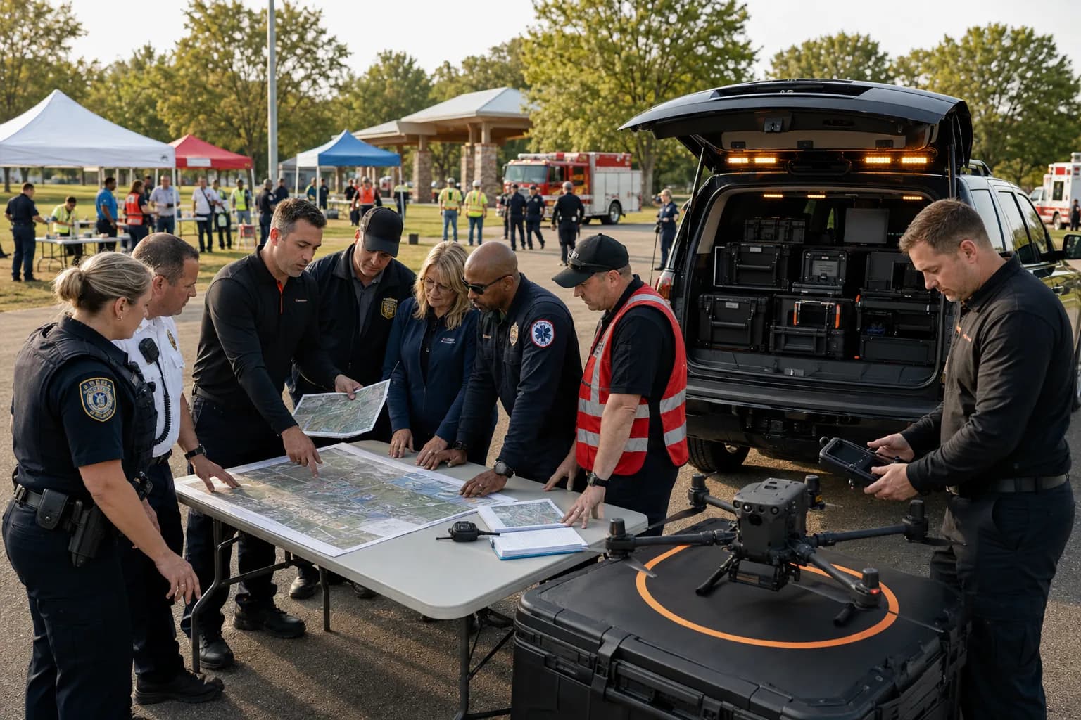 People coordinating around maps and drone equipment at a community event.